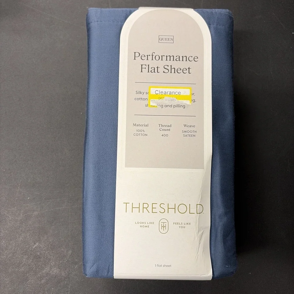 Threshold Performance Cotton Sateen QUEEN Flat Sheet Blue 400 TC Smooth 20569